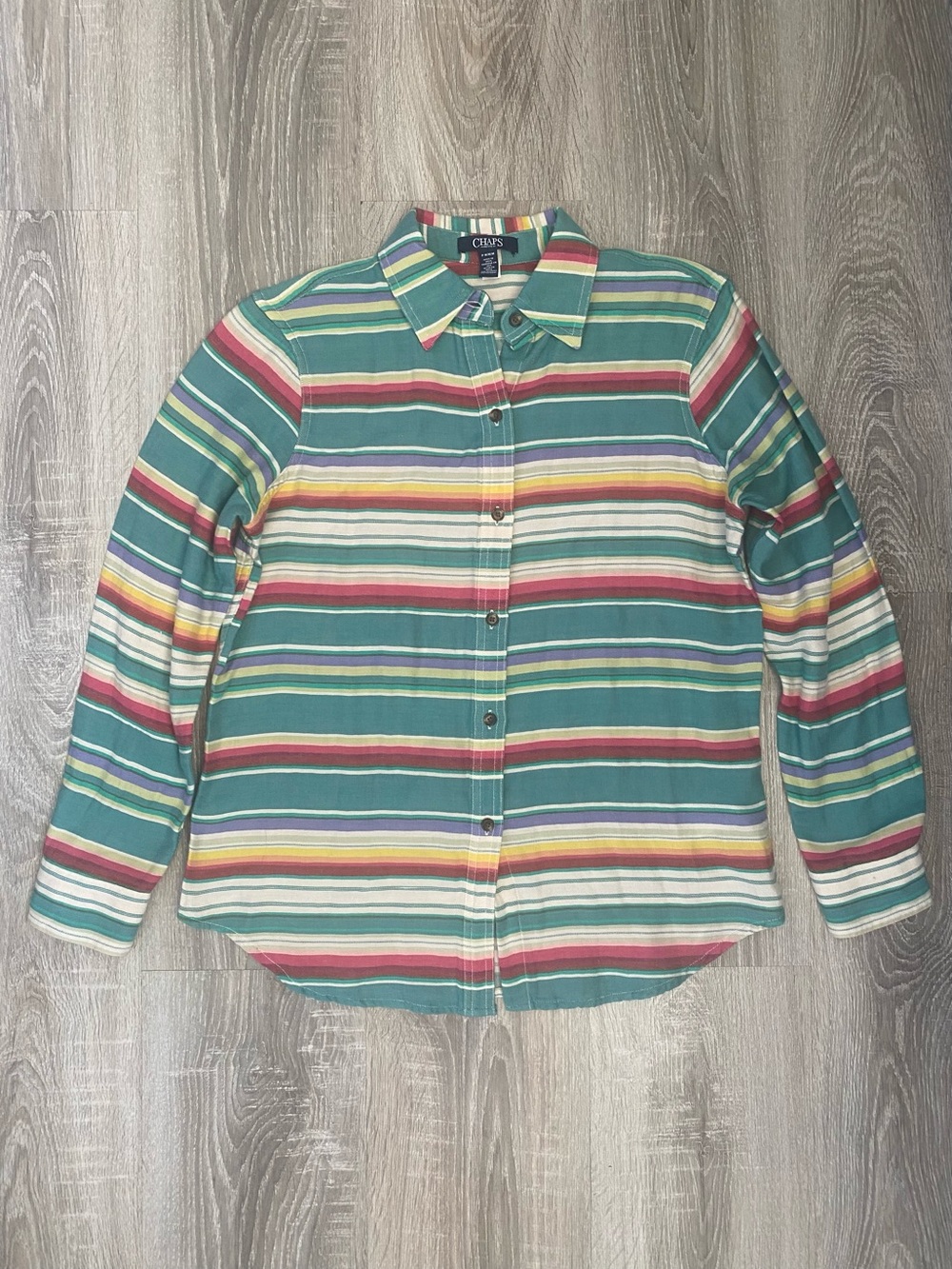 Chaps Multicolor Striped Button-Up Shirt in Teal, Red & Yellow